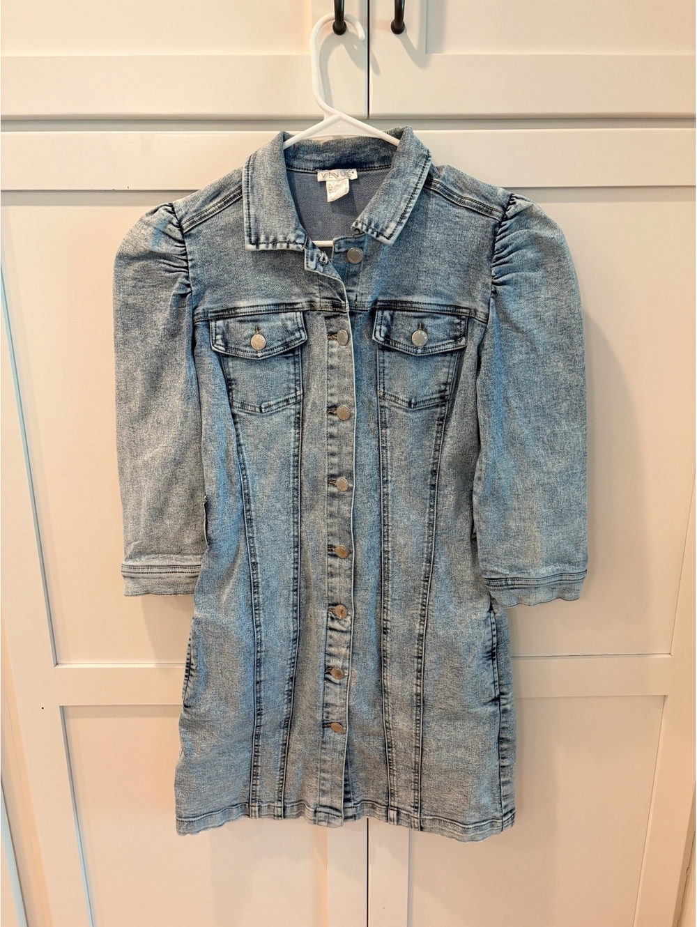 Venus Light Wash Denim Dress with Puff Sleeves Size 6